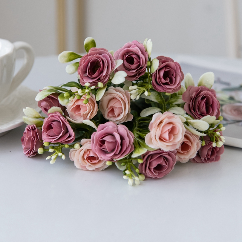 5 fork 15Head Silk Rose For Wedding arch Christmas Wreath Decoration Home Living Room bonsai Photography prop Artificial Flowers: Brown