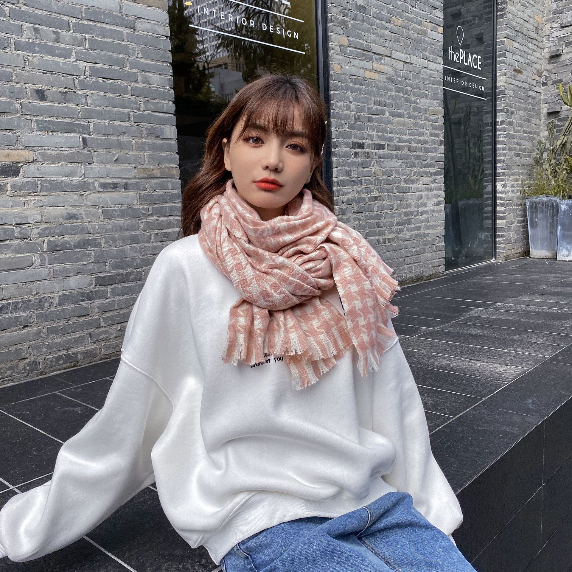 Houndstooth scarf winter women's thickened cold proof Bib European and American cashmere warm tassel Shawl Scarf