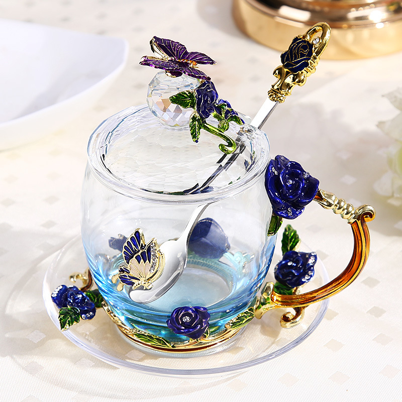 Emalje farge glass kopp hjem romantisk rose te kopp kaffekopp med lokk skje melk kopp vann kopp kvinne: Klar