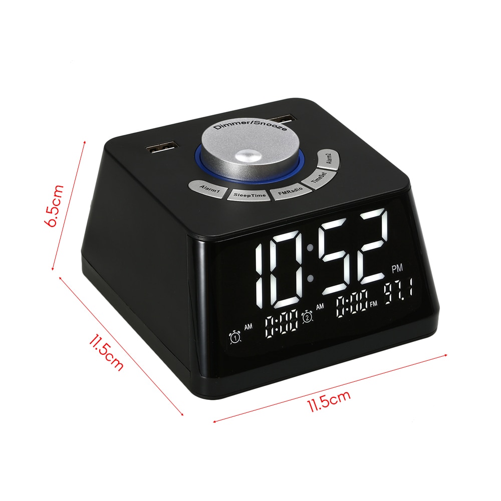 Smart Digital Alarm Clock LED Display Desk Alarm Clock 2 USB Ports FM Radio Temperature Dimmer Snooze Table Clock Waking Child