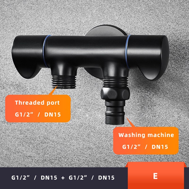 1pc Black Brass Wall Mounted Washing Machine Faucet One into two out Bibcock Double handle double head taps: E