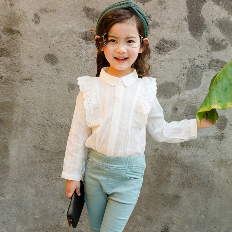 White Blouses For Girls Lace Kids Girls Clothes Long Sleeve Spring Turn-down Collar Child School Blouse Children Shirts