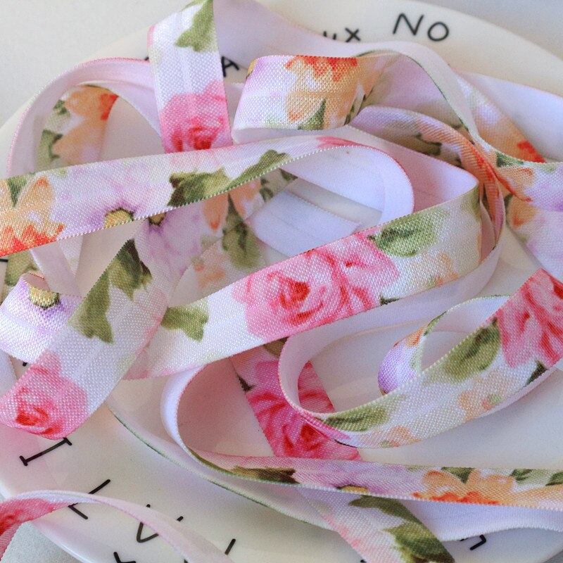 5 yards 5/8 '' 16mm blomsterprint fold over elastisk blomsterbånd til diy tøj sy tilbehør hovedbeklædning elastikbånd