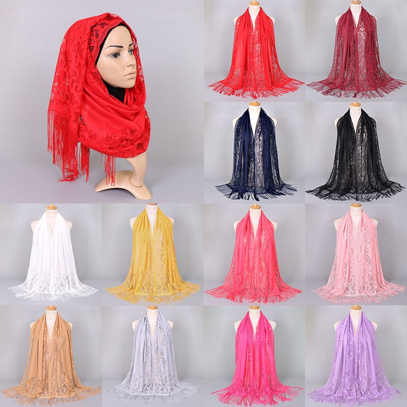 Hollow Out Flower Lace Hijab Sjaal Vrouwen Effen Kleur Vlakte Moslim Hoofd Haar Sjaals Wraps Winter Wit Zwart Rood