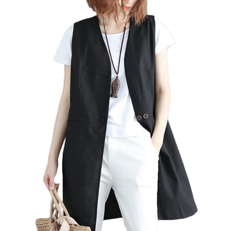 Chaleco largo holgado de lino y algodón para mujer, chaqueta lisa sin mangas con cuello en V, talla grande, f204, novedad de primavera y verano
