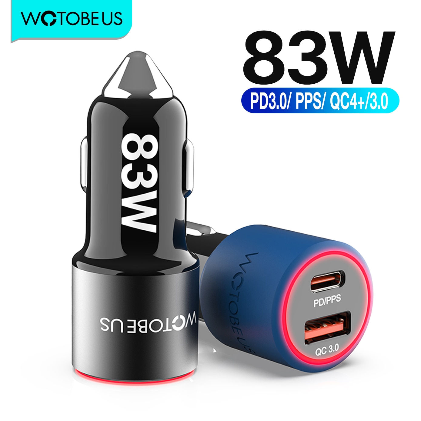 Wotobe 2ポート83w超高速カーチャージャー、USBc pd/ps 65w/45w 20v 20w、qc3.0/afc/fcp18w for iPhone 13 xiaomi dellxhpラップトップ