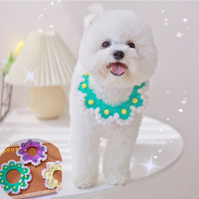 Macaron Knit Amarillo claro Babero para cachorro Pretty Green Collar de perro Bufanda Artículos para Bichon Frise Floral Pet Bows Pañuelo para el cuello de gato Maltés