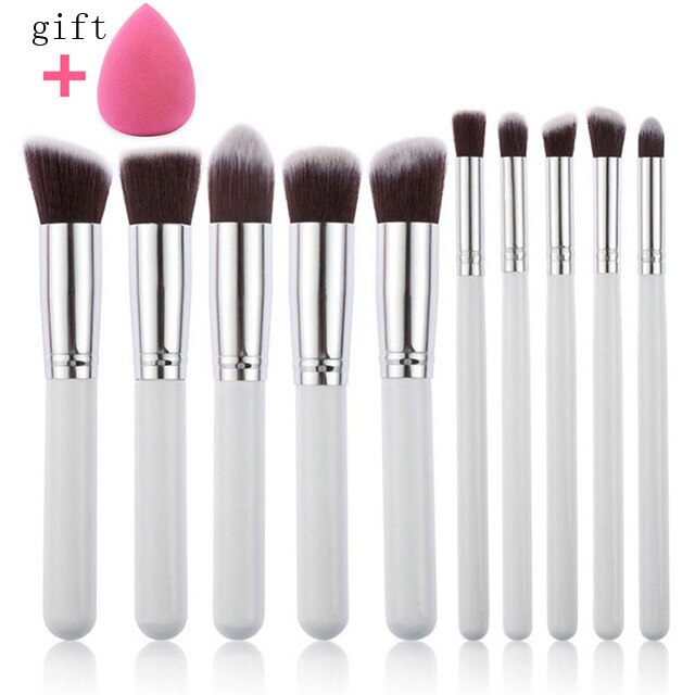 Conjunto de brochas de maquillaje 10 Uds., brochas profesionales para base en polvo, sombra de ojos, cosmética, pelo sintético suave: White Silver