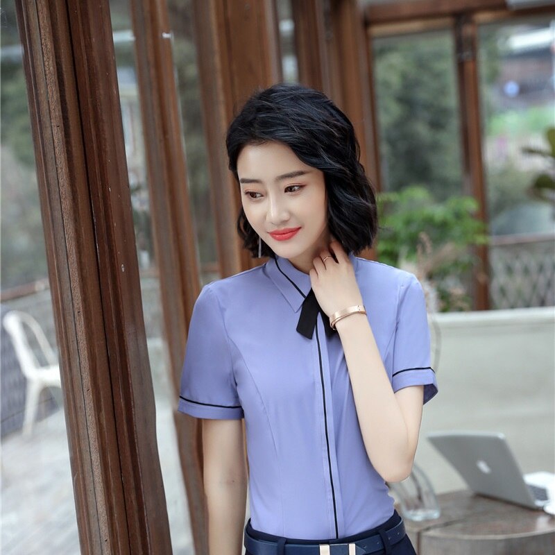Blouses With Tie Formal Uniform Styles Summer Short Sleeve Blouse For Women Office Work Wear Tops Clothes Shirts