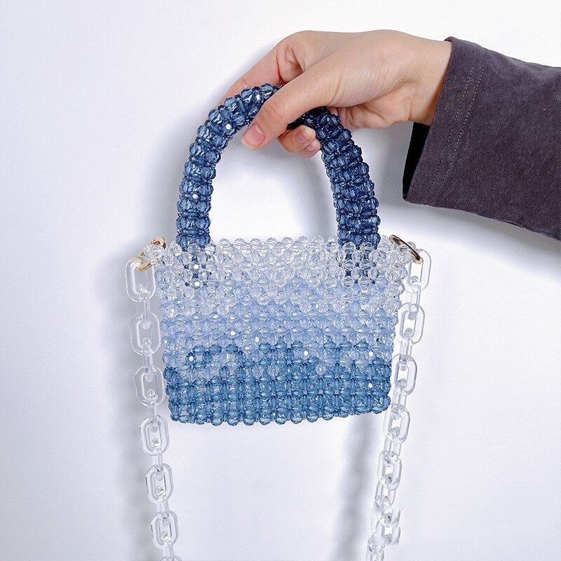 Gradiënt Blauw Kralen Portemonnees En Handtassen Lange Riem Hand Geweven Kralen Crossbody Tassen Voor Vrouwen Blauw Mode Portemonnees Crossbody