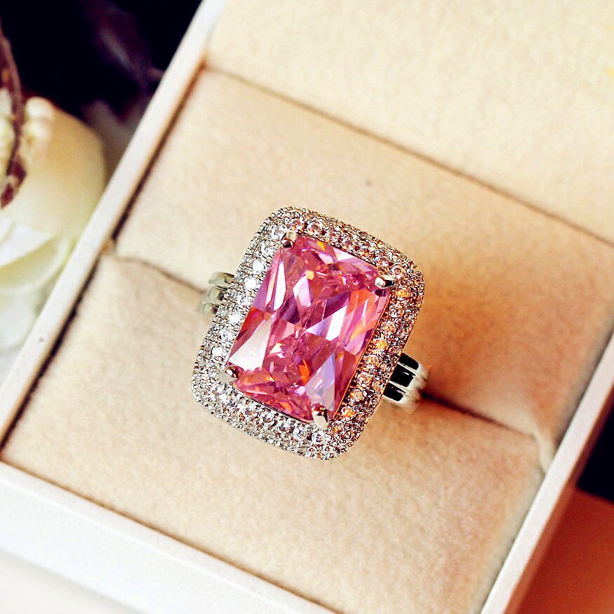 Lusso Femminile Grande Rosa Quadrato di Pietra Anello di colore Argento di Grandi Dimensioni Da Sposa Anello di Promessa di Amore Anelli di Fidanzamento per Le Donne