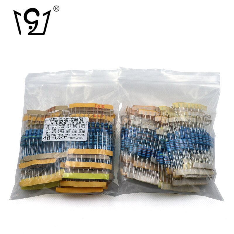 300PCS 1W metal film resistor package sample package 1K to 820K electronic component package sample package 30values*10pcs
