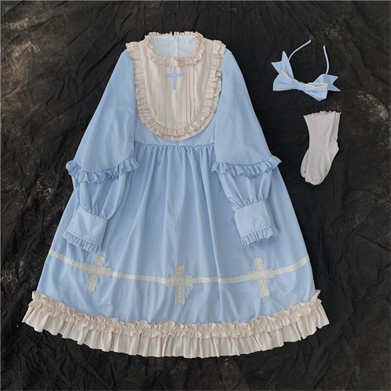 Lolita robe Style japonais doux Kawaii filles croix gothique dentelle cour princesse Cosplay Halloween fête femmes victorienne: Color 2 Suit / S