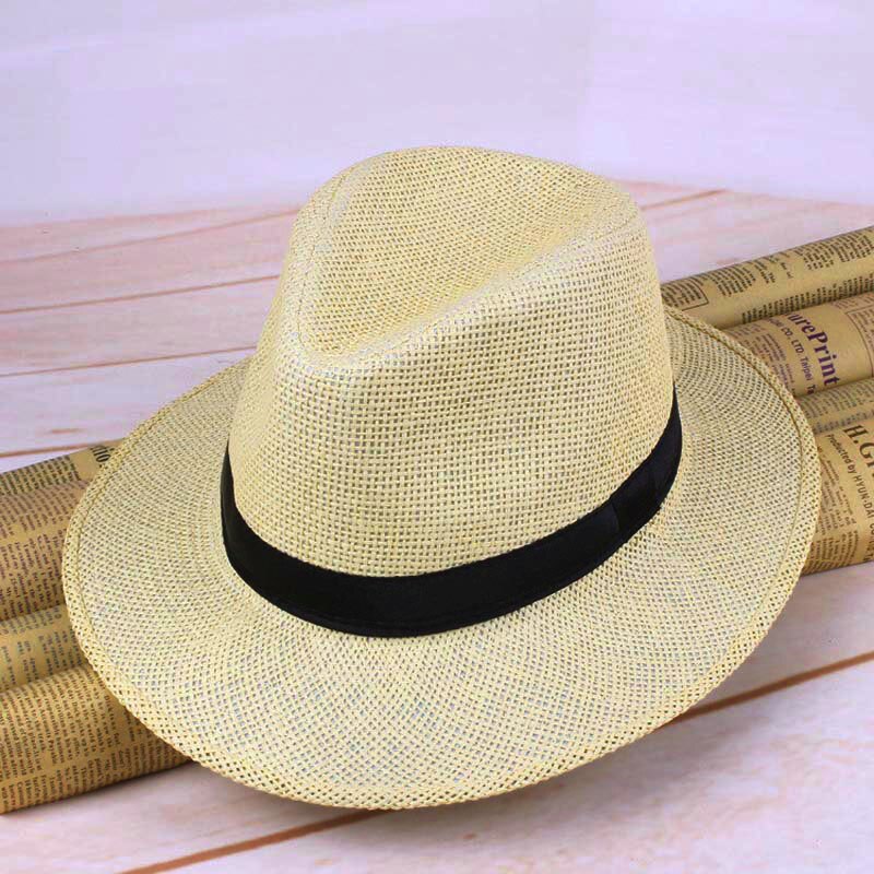 Men Straw Panama Hat Handmade Cowboy Cap Summer Beach Travel Sunhat FEA889