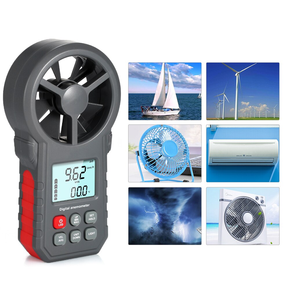 Anémomètre numérique, compteur de vitesse du vent, outil de test de vitesse du vent, de vitesse de l'air et de température de l'air, jauges de vitesse du vent avec lampe de poche
