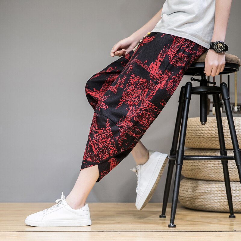 Homme pantalon hommes Large entrejambe sarouel ample grand pantacourt Large jambes Bloomers Style coréen imprimé Baggy Streetwear: Chinese Size XL / Red