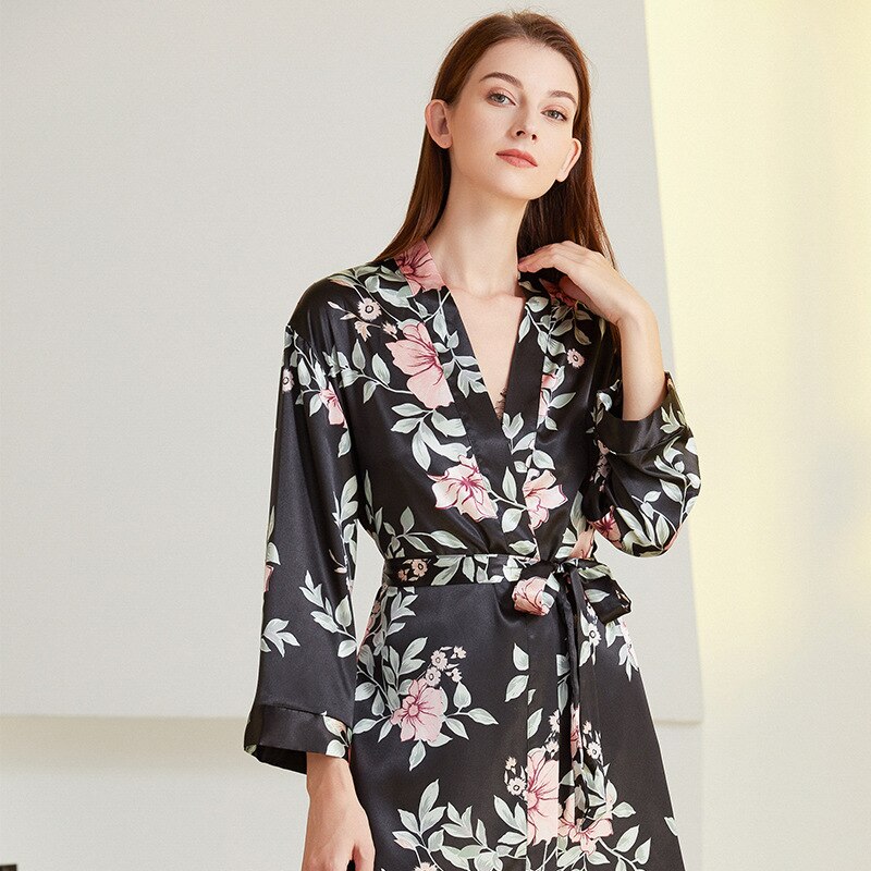 Ensemble trois pièces en Satin pour femmes, vêtements de maison, manches longues, pantalon, quatre saisons, imprimé Floral noir