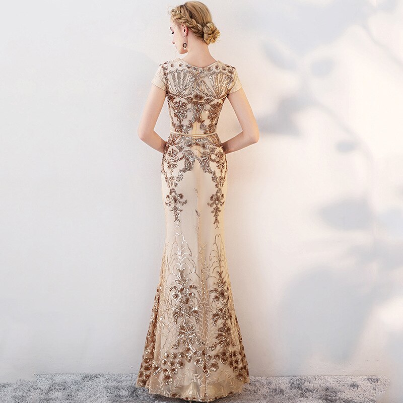 Vestido Qipao de sirena con cuello redondo para mujer, vestido chino Sexy de lentejuelas, Cheongsam Oriental para , espectáculo de escenario, vestidos elegantes para banquetes de celebridades
