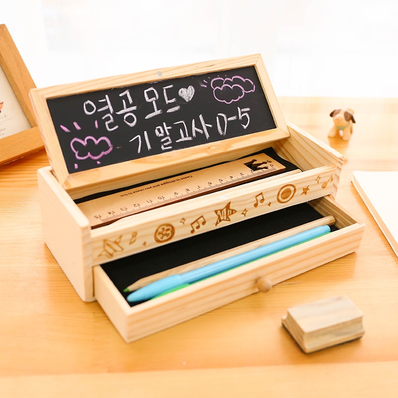 Multifunctionele houten briefpapier doos grote capaciteit korte pennenbakje korea briefpapier etui