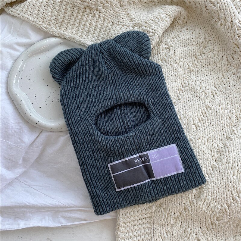 Bear Ear Balaclava Hat with Ear Cute Full Face Cover Ski Mask Beanies for Women 1 Hole Windproof Warm Streetwear Knitted: gray