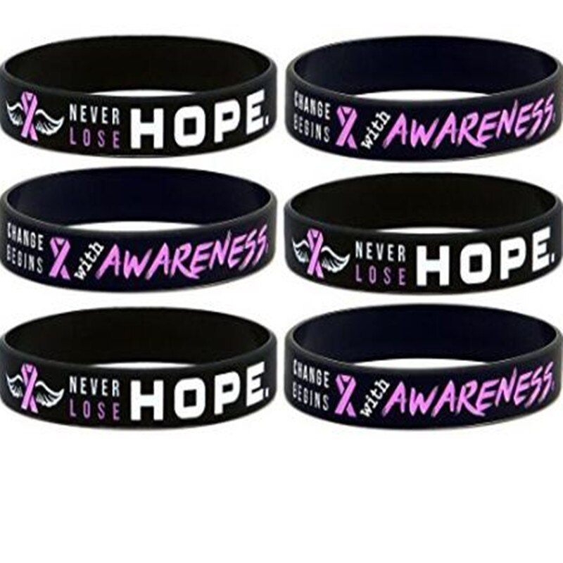1pc sorte med pink og hvid tekst brystkræft bevidsthed bånd sport silikonegummi armbånd armbånd