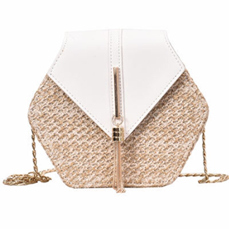 Hexagon Mulit Style Straw+leather Handbag Women Summer Rattan Bag Handmade Woven Beach Circle Bohemia Shoulder Bag: White