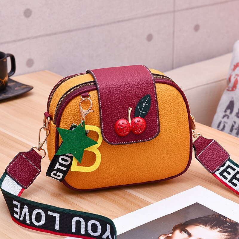 Dames pu leren tas brede band brief handtassen vintage schoudertas messenger bags dames crossbody tote: Geel rood