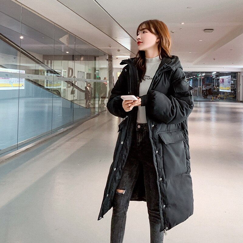 Solid Lange Dikke Winterjas Vrouwen Warm Losse Hooded Omlaag Parka Volledige Mouw Met Grote Pocket Dames Oversize Jassen