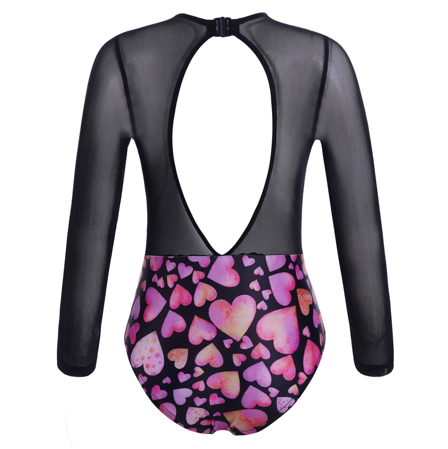 Kids Girls Ballet Leotard Long Sleeves Mesh Splice Keyhole Back Printed Gymnastic Leotards for Girl Skating Child Dance Jumpsuit