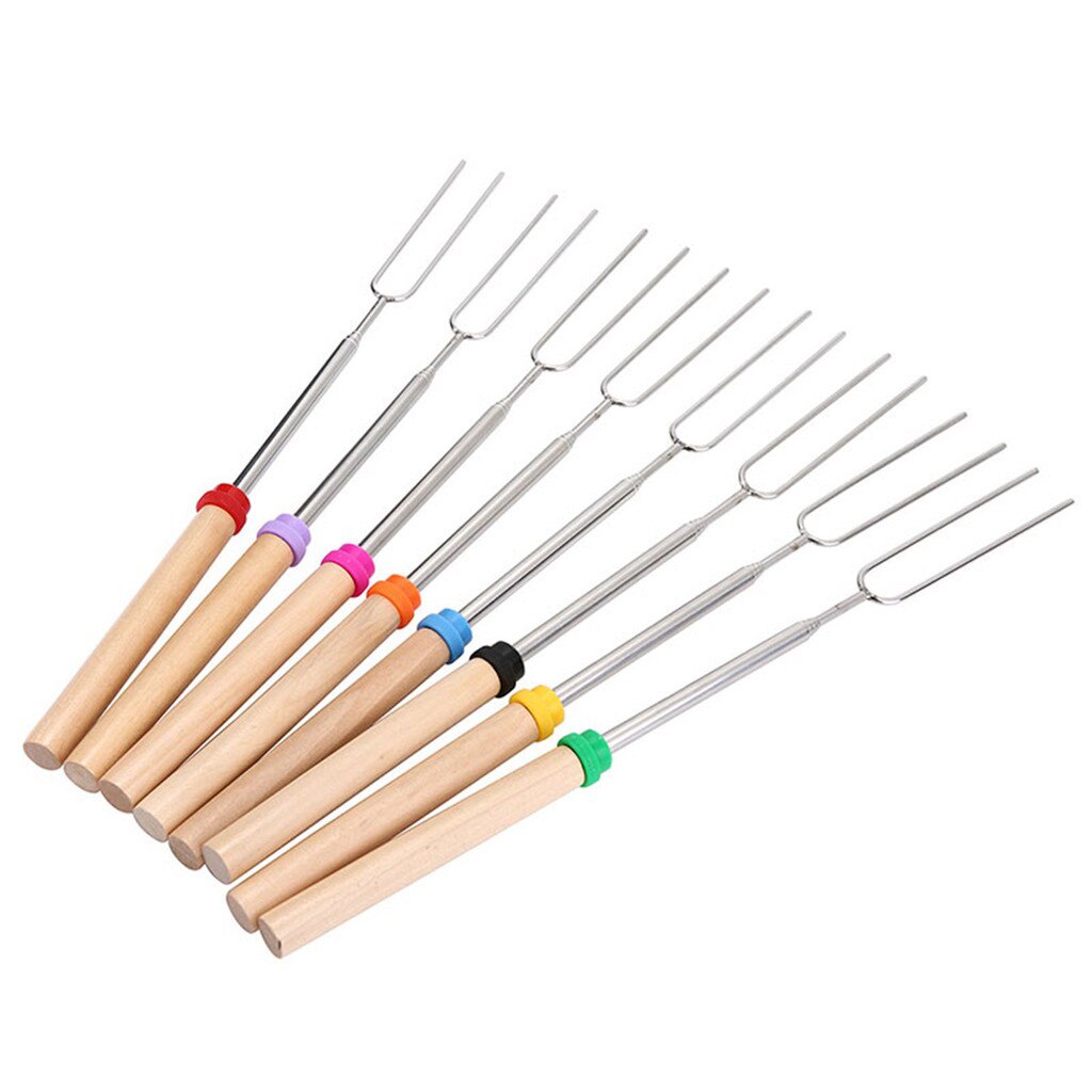 8PC Stainless Steel Barbecue Fork Adjustable Wooden Handle BBQ Marshmallow Roasting Stick Extending Roaster Telescoping BBQ Tool: Default Title