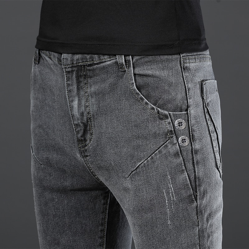 Men Streetwear Vintage gray Slim fit Jeans Trousers Male Simple Style Cotton Casual Straight Denim pants