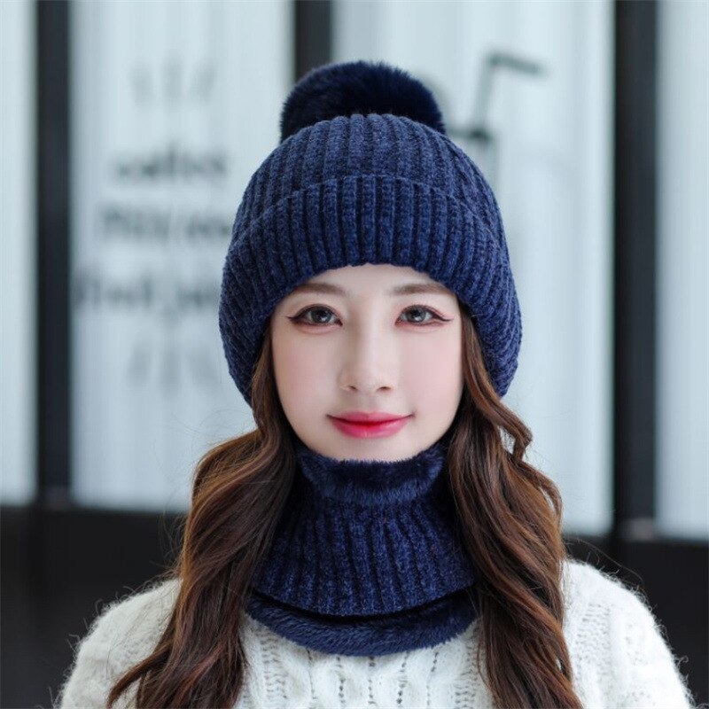 Autumn Winter Chenille Cute Beanies Hat Bib Sets Women Velvet Thick Knitted Hats Windproof Cycling Wool Knitting Caps: Navy Blue