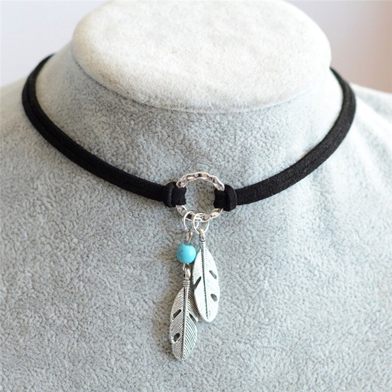 Schmuck Halsband Schwarz Braun Leder Halsband Halskette Antike Silber Farbe Feder Form Charme Bohemian Kette Halskette