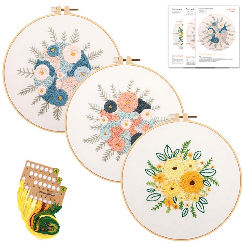 Beginner Embroidery Kit Flowers Pattern Diy Embroidery Full Kits Embroidered On Clothes Cross Stitch Sewing Embroideri With Hoop