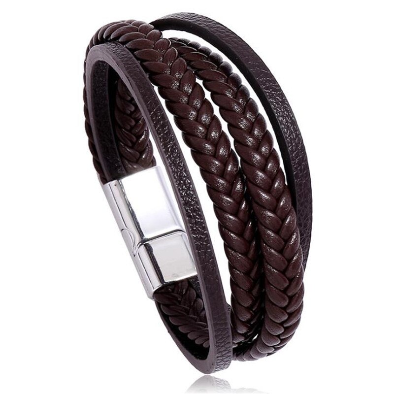 Handmade Men Leather bracelet Hand Braided Multilayer Magnetic Braslet For Male Hip Hop Armband Jewelry Homme: Silver Brown