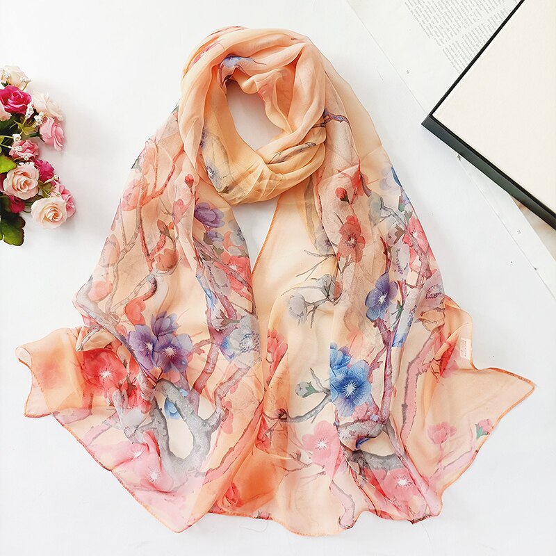 Mode Zon Zijden Sjaal Vrouwen Bloem Georgette Bandana Elegante Zee Strand Shawl Soft Hijab Lange Dunne Zijden Sjaal: 4