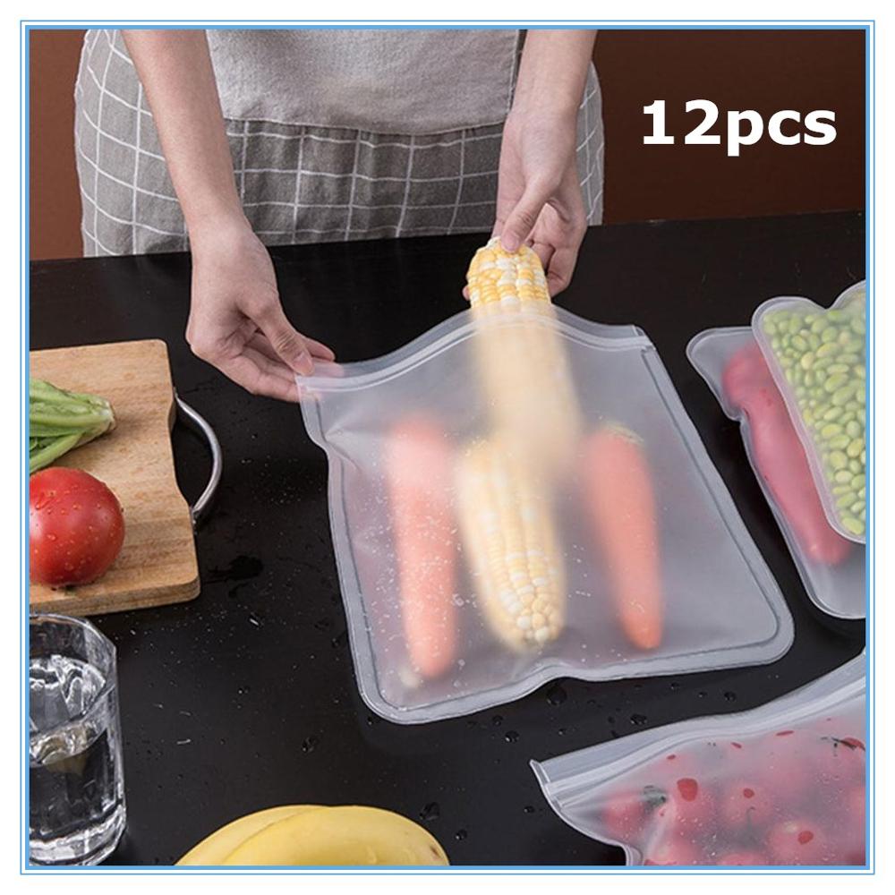 12PCS PEVA Silicone Food Storage Bag Containers Freezer Bag Leakproof Top Ziplock Bags Kitchen Reusable Organizer P ouch Tool