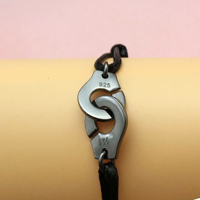 France Popular 925 Sterling Silver Handcuff Bracelet For Women With Black Rope 925 Silver Bracelet Menottes Only 925 Stamp: Black Color