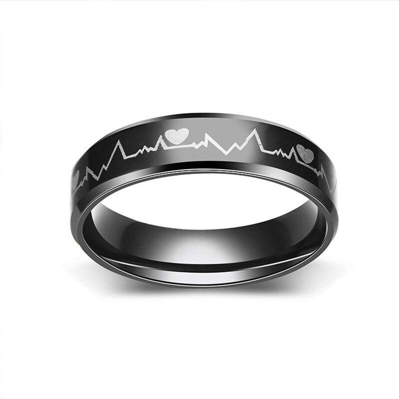 Titanium Finger Rings ECG Heart Curve Titanium Punk Style Men Steel Blac... – Grandado