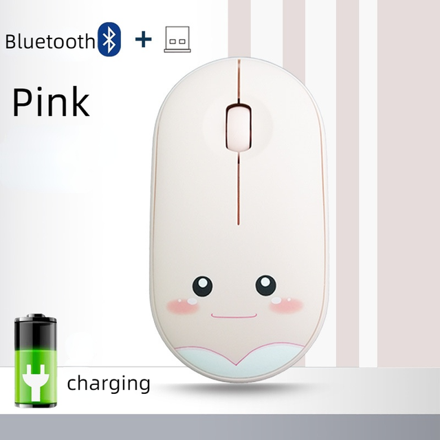M106 wireless mouse cute cartoon mute 1200DPI Bluetooth wireless mouse USB charging 2.4G mouse suitable for office laptop: bluetooth pink