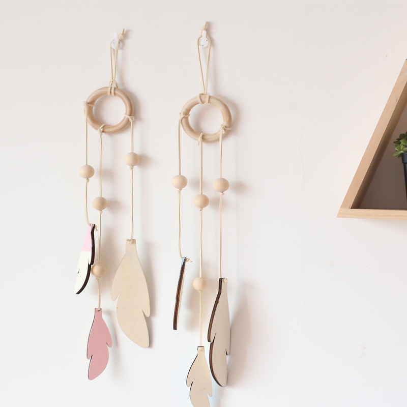 Nordisk stil træ fjer væg hængende ornamenter vedhæng til børneværelset dekorationer dreamcatcher gardiner børnehave dekor rekvisitter
