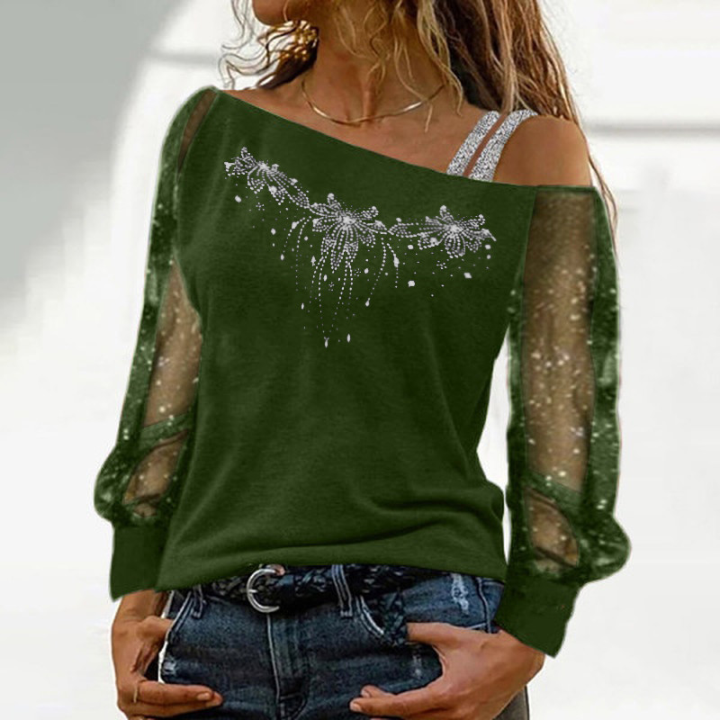 Xs -8xl kanten blouse dames sexy lange mouwen schuine kraag off-shoulder patchwork tops casual herfst diamanten blouses: Xl / Donkergrijs