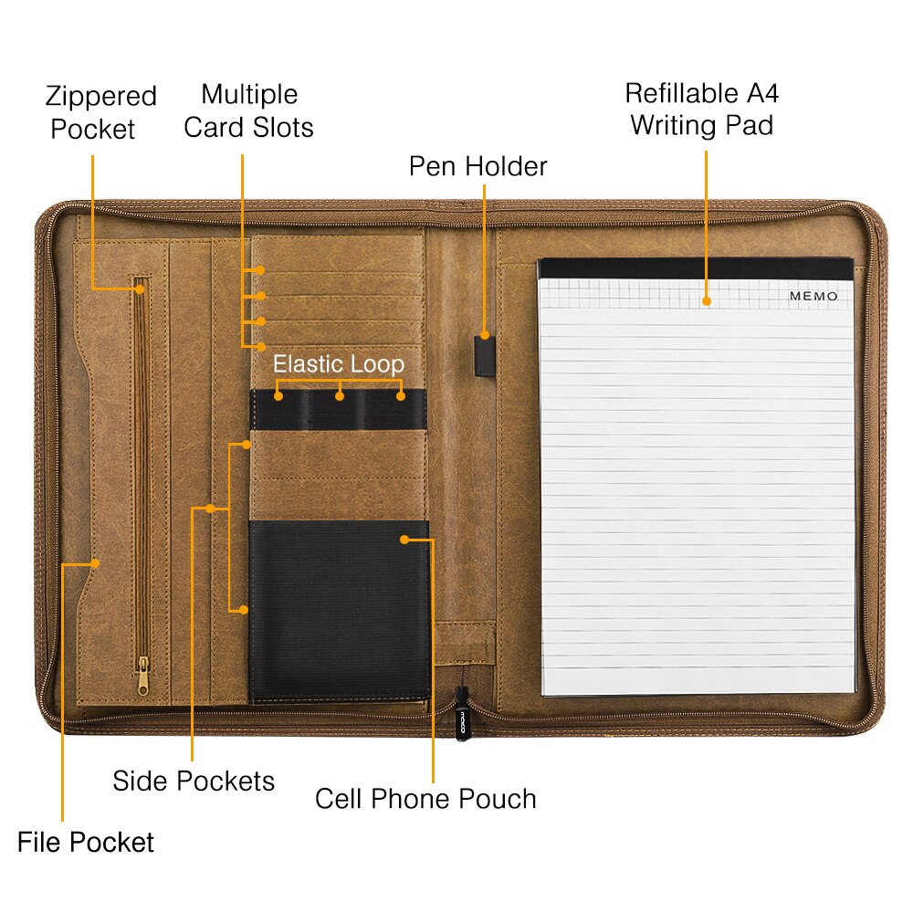 Leather Padfolio Portfolio Folder with Handle, Business Portfolio Organizer with 11 Inch Tablet Sleeve for iPhone