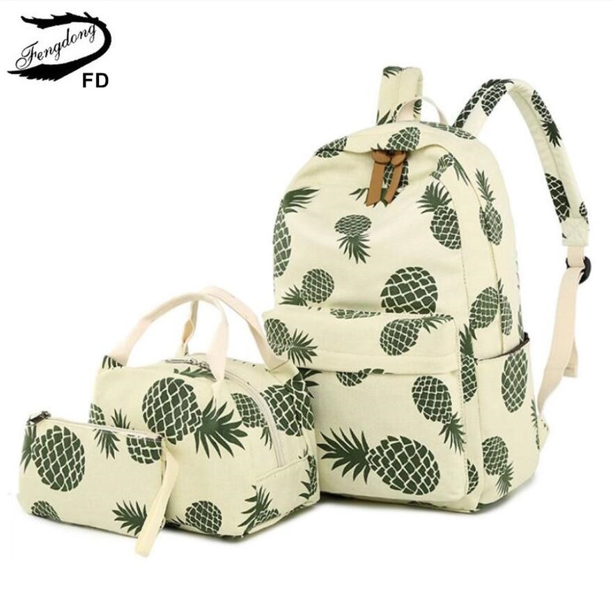 FengDong 3 teile/satz nette ananas druck rucksack kinder schule taschen für mädchen stift bleistift tasche kind mädchen schule rucksack set