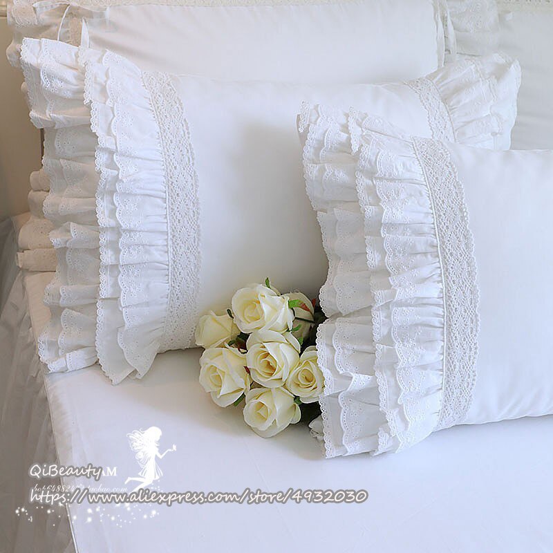 Prinsesse rent hvidt dobbelt lag blonder flounced bomuld bryllup rent bomuld sengetøj pudebetræk pudebetræk