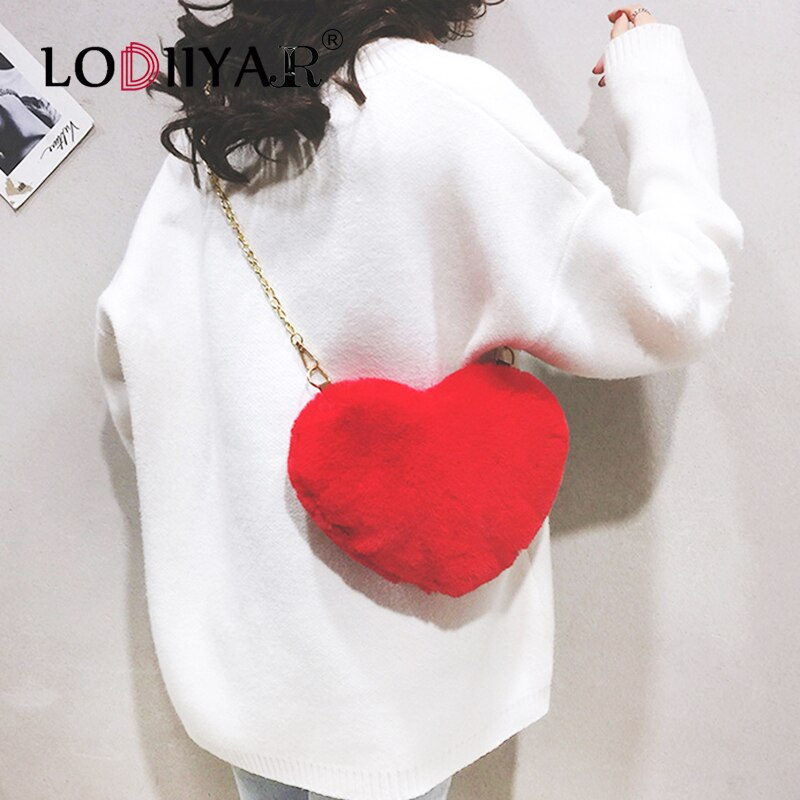 Faux Pelz Herz Tasche Mädchen Lolita Schulter Tasche Plüsch Crossbody Geldbörse Für Frauen Weibliche Rot Herz Perle Kette Handtasche Partei