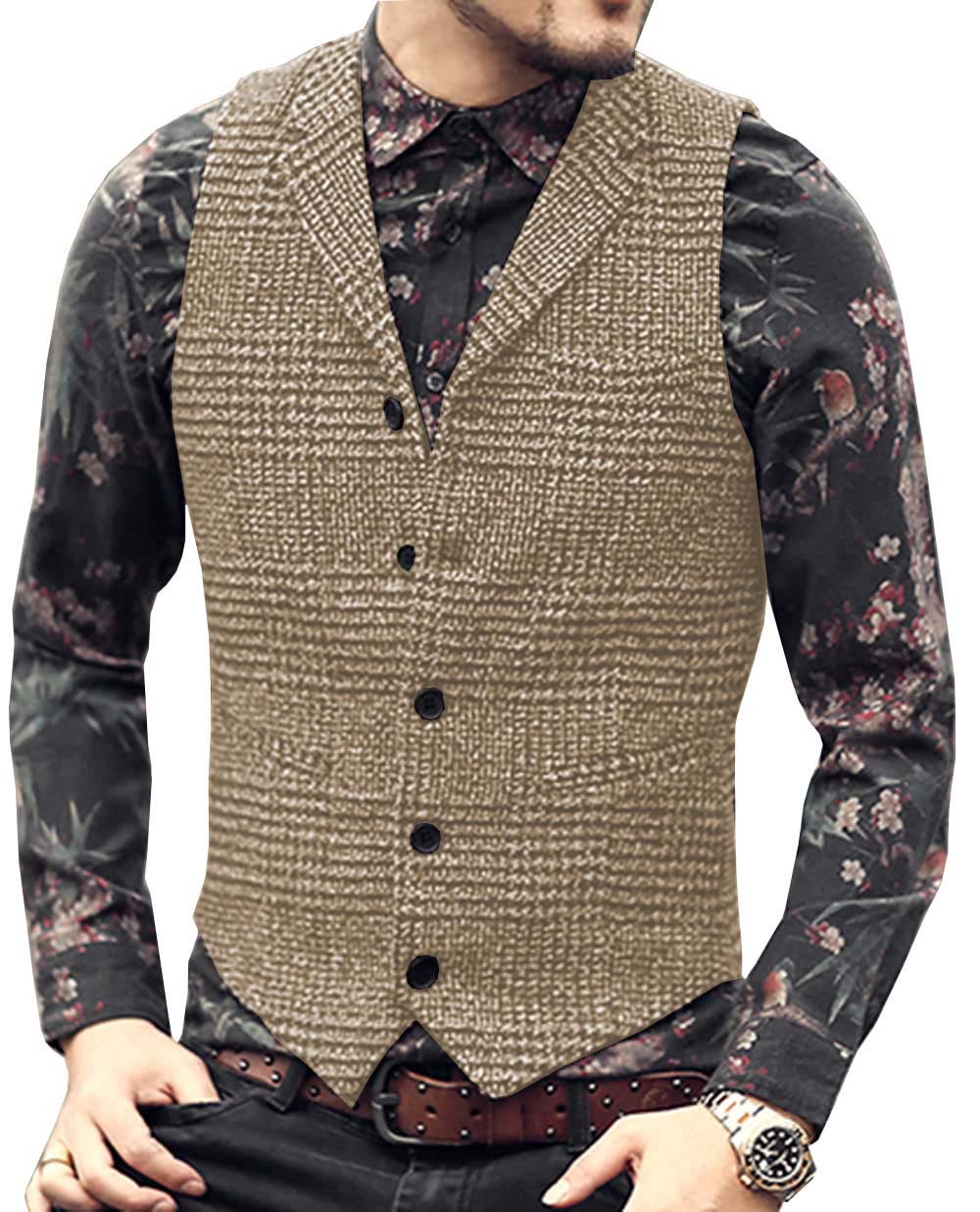 Herren Weste lässig Ärmellose lässig Fischgrät Stoff Elegante V-ausschnitt Tweed Weste für Hochzeit Trauzeugen Herren Weste Weste: Braun / XXXL