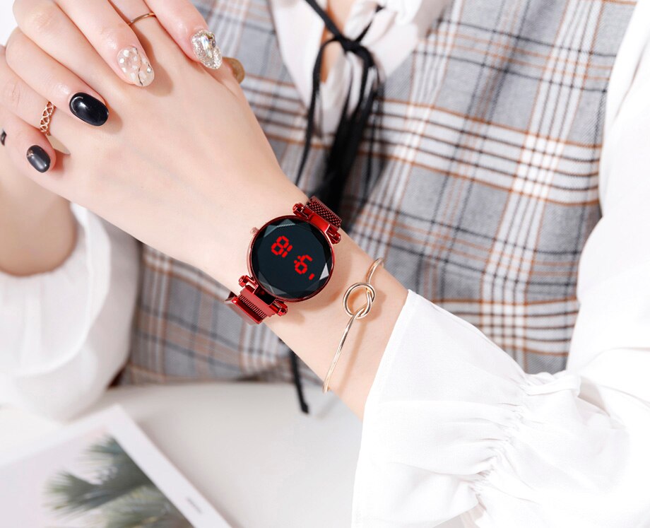 Reloj con imán y pantalla táctil LED para mujer, cronógrafo con correa Milanesa, redondo e informal, para estudiantes
