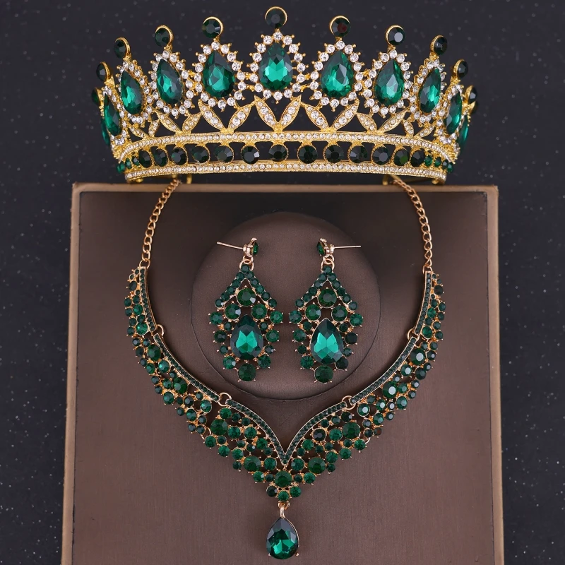 Ensemble de bijoux en biscuits pour patients, couronne en cristal, collier, boucles d'oreilles baroques, accessoires pour cheveux de mariage, de bijoux, 3 pièces: Rouge