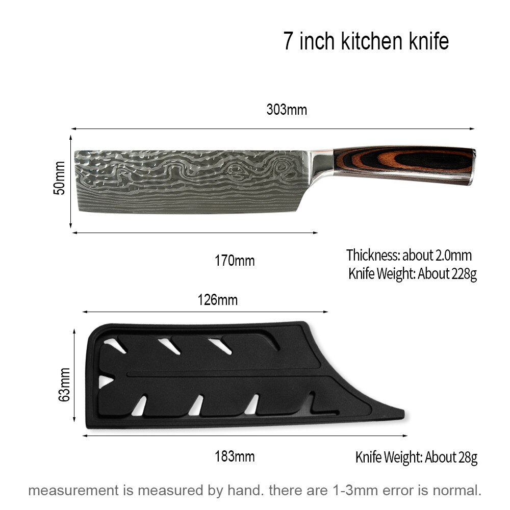 Nakiri kitchen Knife Stainless Steel Cleaver Knife 7 inch Japanese Cutter Anti-stick Damascus Vein Knife Sheath Cover Edge Guard